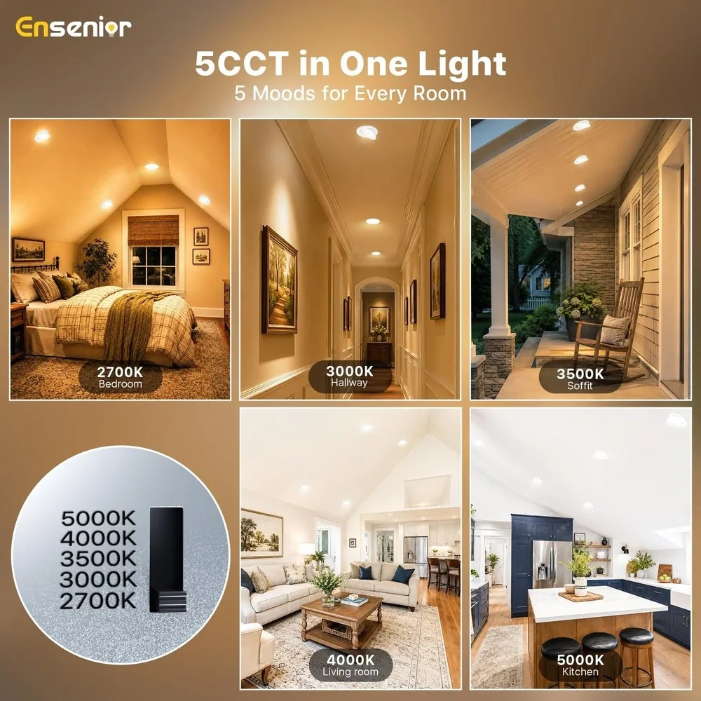 Ensenior 6 Inch Gimbal LED Recessed Ceiling Light 5CCT 12W 1200LM 4 Pack White